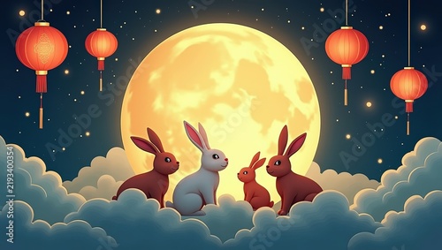 Cute digital illustration of two adorable rabbits sitting together on fluffy clouds under a large glowing full moon, surrounded by traditional red lanterns and decorative branches against a dark blue	