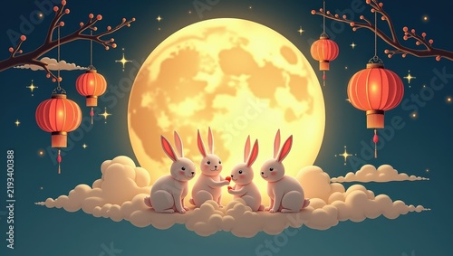 Cute digital illustration of two adorable rabbits sitting together on fluffy clouds under a large glowing full moon, surrounded by traditional red lanterns and decorative branches against a dark blue	