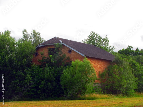 Old abandoned orange brick building is being swallowed by vibrant green nature and bushes