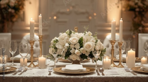 Elegant dinner table decorated with white floral centerpieces and tall burning candles.