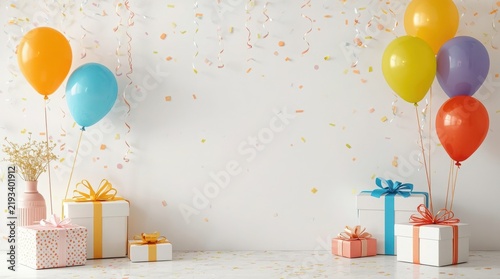 Colorful birthday balloons and wrapped gift boxes sit on a floor against a white wall with falling confetti and copy space.