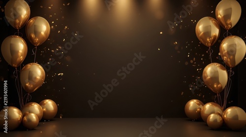 Gold balloons frame a dark stage floor under warm spotlights creating an elegant celebratory ambiance.