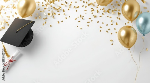 Graduation mortarboard and rolled diploma rest beside shiny golden balloons and falling confetti.