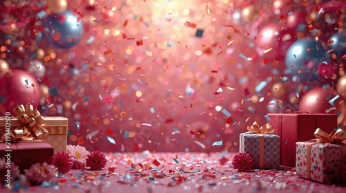 Colorful balloons and wrapped gift boxes are scattered across a pink background filled with dynamic falling confetti.
