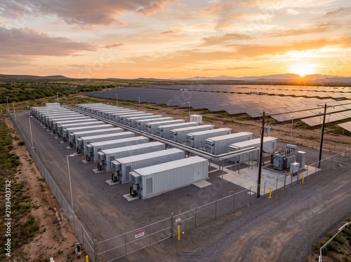 Aerial view of a utility-scale battery energy storage system (BESS) installed alongside a vast photovoltaic solar panel farm during a vibrant sunset in an arid landscape.