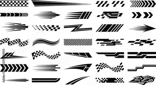 Racing sport car stripes decals arrows and checkered flag stickers set on transparent background