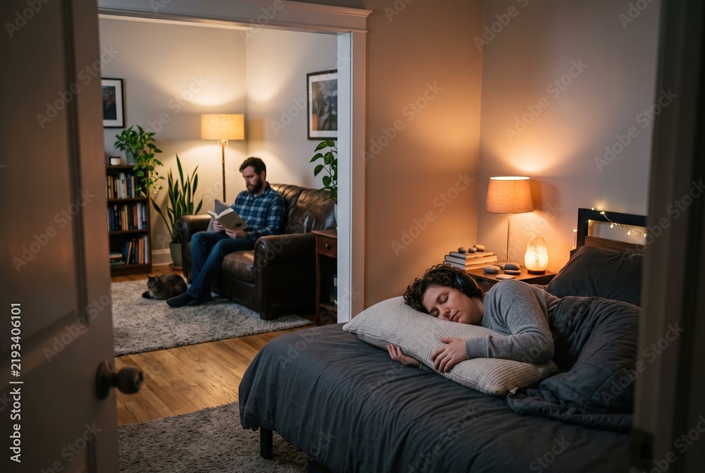 Fototapeta premium In a comfortable home, one person sleeps in bed while another sits in a chair and reads a book. Soft lights fill the room as night falls, creating a warm atmosphere
