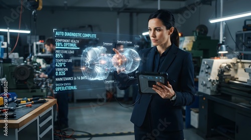 Engineer Inspecting Holographic Automotive Engine Design in Advanced Manufacturing Facility