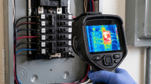 Technician using a thermal imaging infrared camera to detect heat loss and overloaded circuit breakers in an electrical breaker panel during a safety inspection.