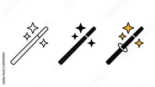 Magic wand icons with sparkling stars shown in outline, solid black, and colored variations on white background.