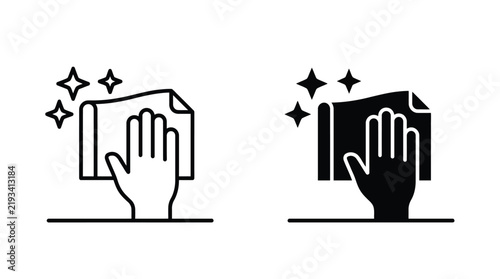 Cleaning rag icon with hand wiping a surface and sparkling stars indicating a neat environment.