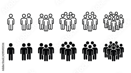 People icons crowd group symbols showing audience population and community growth in black and white.