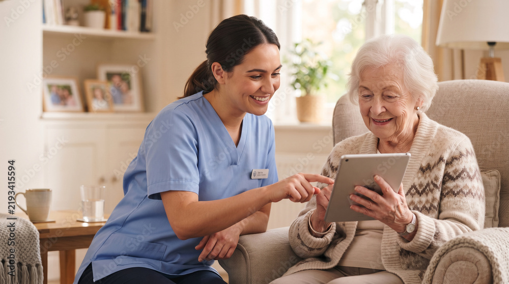 Obraz premium Nurse assisting senior woman with tablet in cozy living room