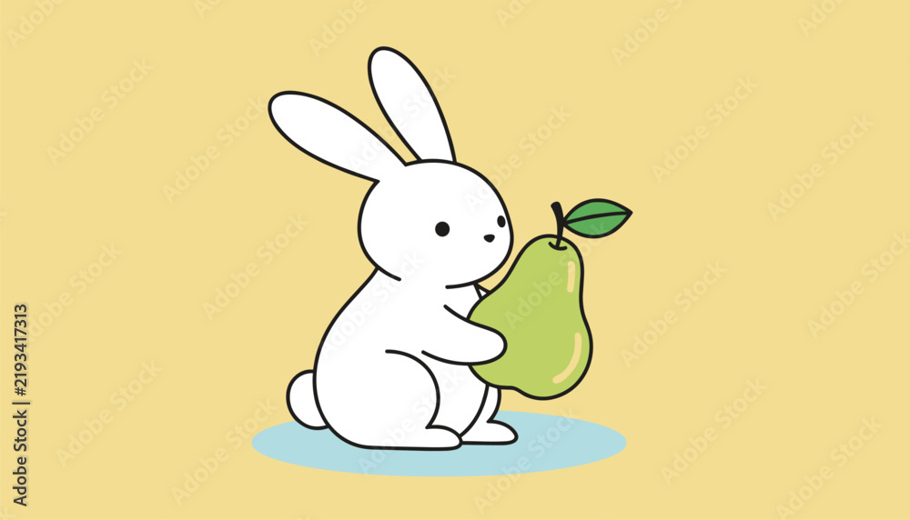 Fototapeta premium Cute white bunny character stands on a blue puddle shadow while holding a large green pear on a yellow background.