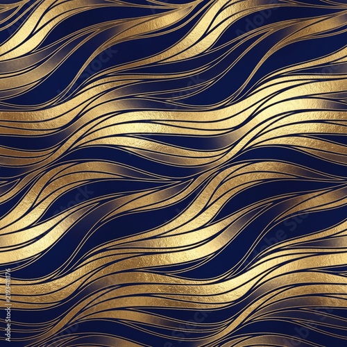 Luxury Gold Wave Seamless Pattern Abstract Navy Blue Texture Background