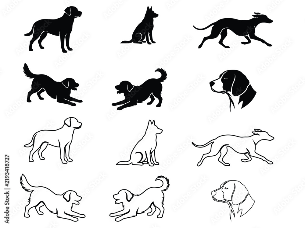 Fototapeta premium Collection of vintage style black and white dog silhouettes in various poses