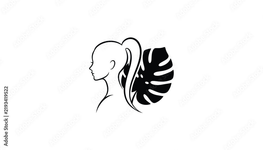 Fototapeta premium Minimalist black and white line art of a woman's side profile with a ponytail next to an exotic monstera leaf.