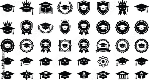 Graduation logo collection featuring academic caps, crowns, books, laurel wreaths, shields, medals and educational symbols for achievement designs
