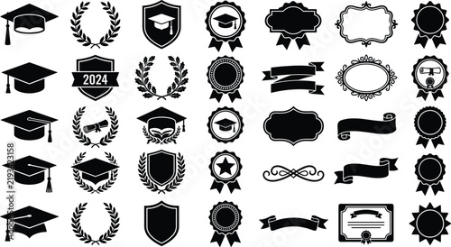 Graduation logo collection with academic caps, laurel wreaths, shields, badges, ribbons, certificates and decorative frames for education designs
