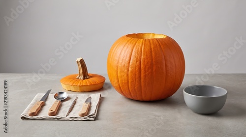 Pumpkin carving setup with hollow pumpkin, lid, carving tools and bowl on neutral background