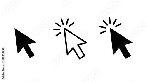 Minimalist computer mouse cursor icons set, black and white arrow pointers for web navigation, digital clicker symbols for interface design
