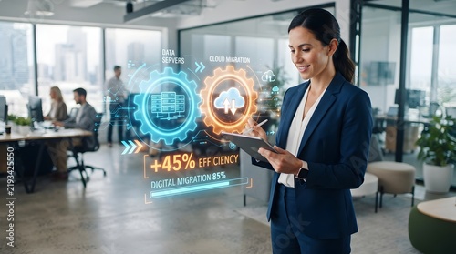  Businesswoman Presenting Digital Marketing Analytics and Growth Statistics in Office