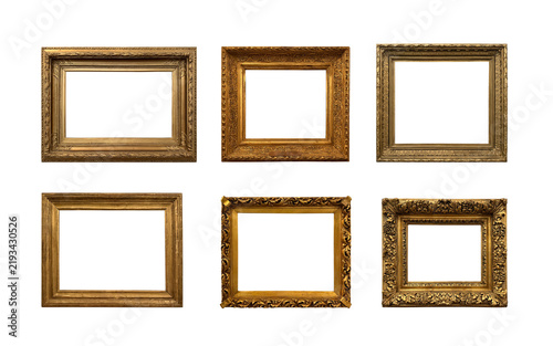 Collection of antique gilded picture frames isolated on white background
