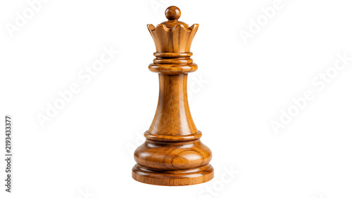 Wooden chess queen piece with polished texture and detailed crown top, strategic board game symbol isolated on transparent background for leadership