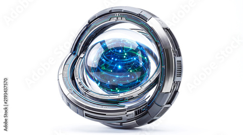 Futuristic Metallic Camera Lens with Glowing Blue Digital Core, 3D Render Isolated on White Background