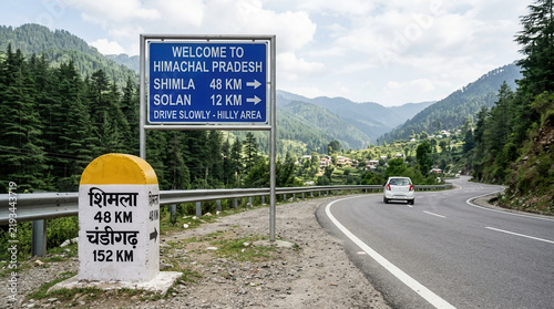 Welcome To Himachal Pradesh Hilly Area Drive Slowly Signpost Scenic Mountains