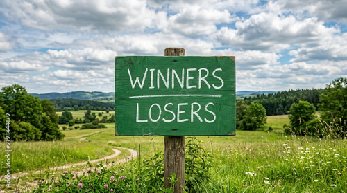 Winners Or Losers Sign In A Lush Green Meadow Setting
