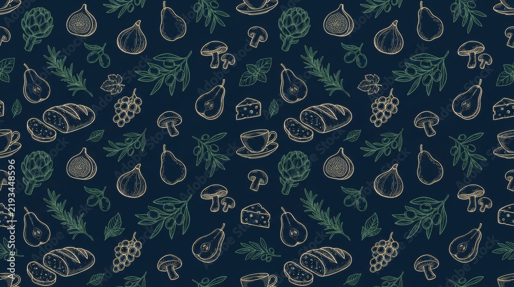 Seamless culinary pattern with hand-drawn figs, pears, mushrooms, artichokes, bread, cheese, and herbs on dark navy background. Rustic harvest food vector illustration.