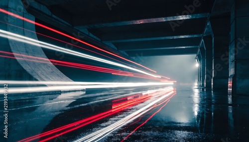 Long-exposure night photograph of vivid red and white vehicle light streaks flowing through a rain-soaked urban underpass, glossy pavement reflecting the glowing trails, dramatic perspective