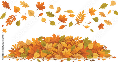 Autumn Foliage Clipart Set with Pile of Dry Fallen Leaves and Isolated Wind Blowing Maple Oak and Birch Leaf Elements for Fall Thanksgiving Designs