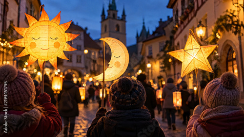 Glowing paper lanterns shaped like a sun, moon and star at a St Martin lantern procession