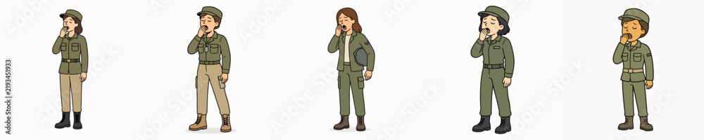 Obraz premium Set of female soldier vectors in standing and yawning poses.