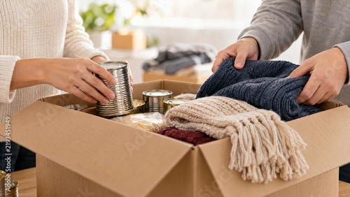 Volunteers packing a donation box with food cans and warm clothes