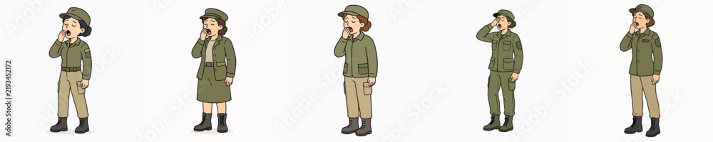 Obraz premium Set of female soldier vectors in standing and yawning poses.