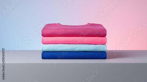 Neat stack of folded colorful blank t shirts on gray shelf against pastel blue and pink gradient background