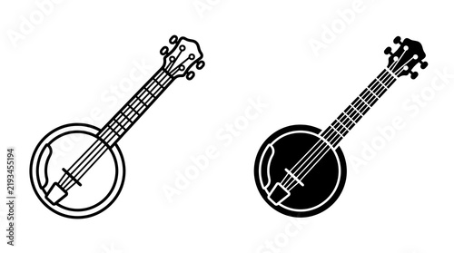 Fotografía Banjo instrument icon set in outline and solid black styles for folk music and musical education designs