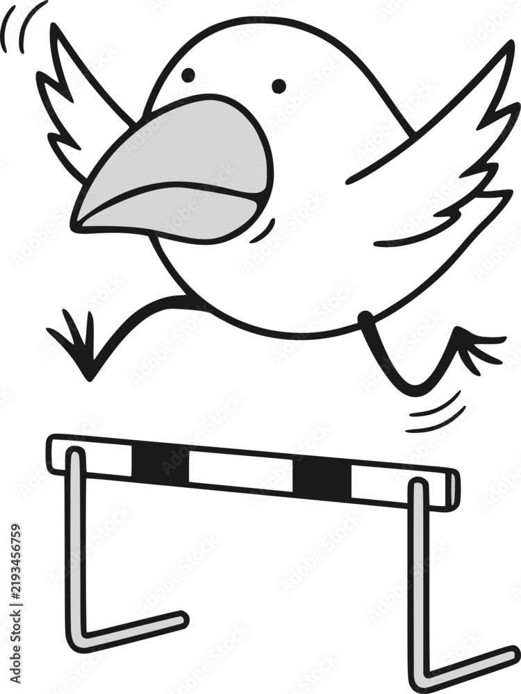 Obraz premium A small cartoon bird energetically leaps over a hurdle in a lively athletic scene
