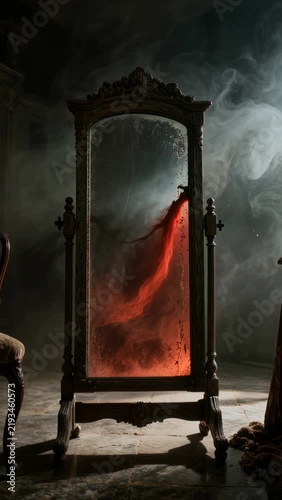 Antique mirror in a dark Halloween interior with a subtly changing reflection, spreading condensation, floating dust, and a faint red-orange glow creating an eerie supernatural atmosphere.