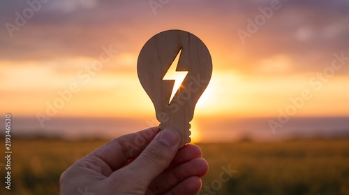 Sustainable energy concept with wooden light bulb silhouette, hand holding lightning bolt icon against sunset, renewable green power solution