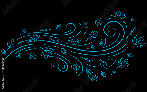 Blowing autumn leaves and wind swirls blue line art composition on black backdrop.