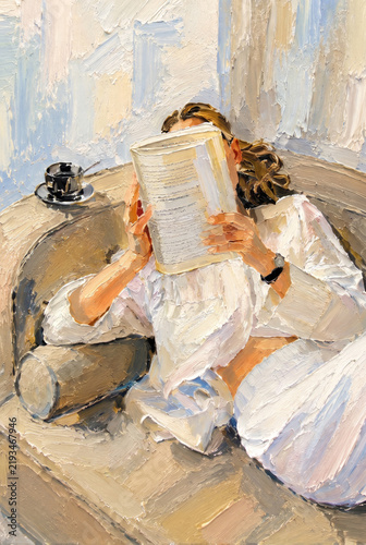 Woman reading a book on the sofa with a cup of coffee, cozy oil painting