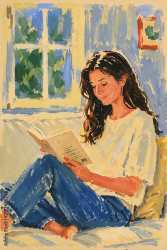 Woman reading a book by a large window in a bright room, delicate impressionist painting
