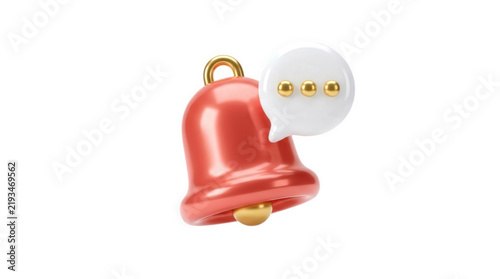 Red notification bell icon with speech bubble and message dots isolated on white background for mobile app push alert, social media reminder and chat interface