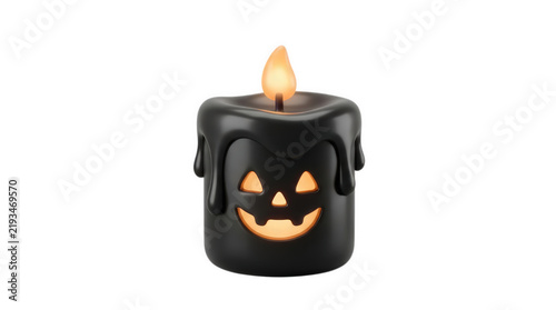 Black Halloween candle 3D render with glowing jack-o'-lantern face and dripping wax against white background for spooky party decor, autumn celebration, and festive occult design