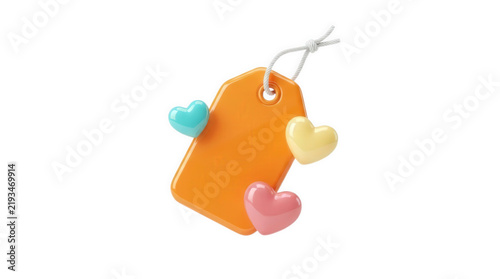 Price tag with glossy colorful hearts isolated on white background for Valentine sale, shopping discount, customer favorite promotion, retail offer, and e-commerce marketing concept
