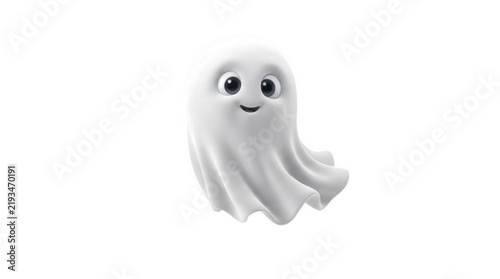 Cute ghost cartoon character floating isolated on white background for Halloween celebration, spooky autumn party, friendly phantom mascot, and holiday trick or treat concept